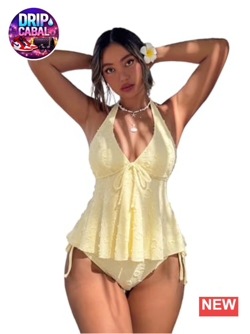 Women's Tankini Set with Textured Polka Dot Halter Top & Ruffle Hem Bottom
